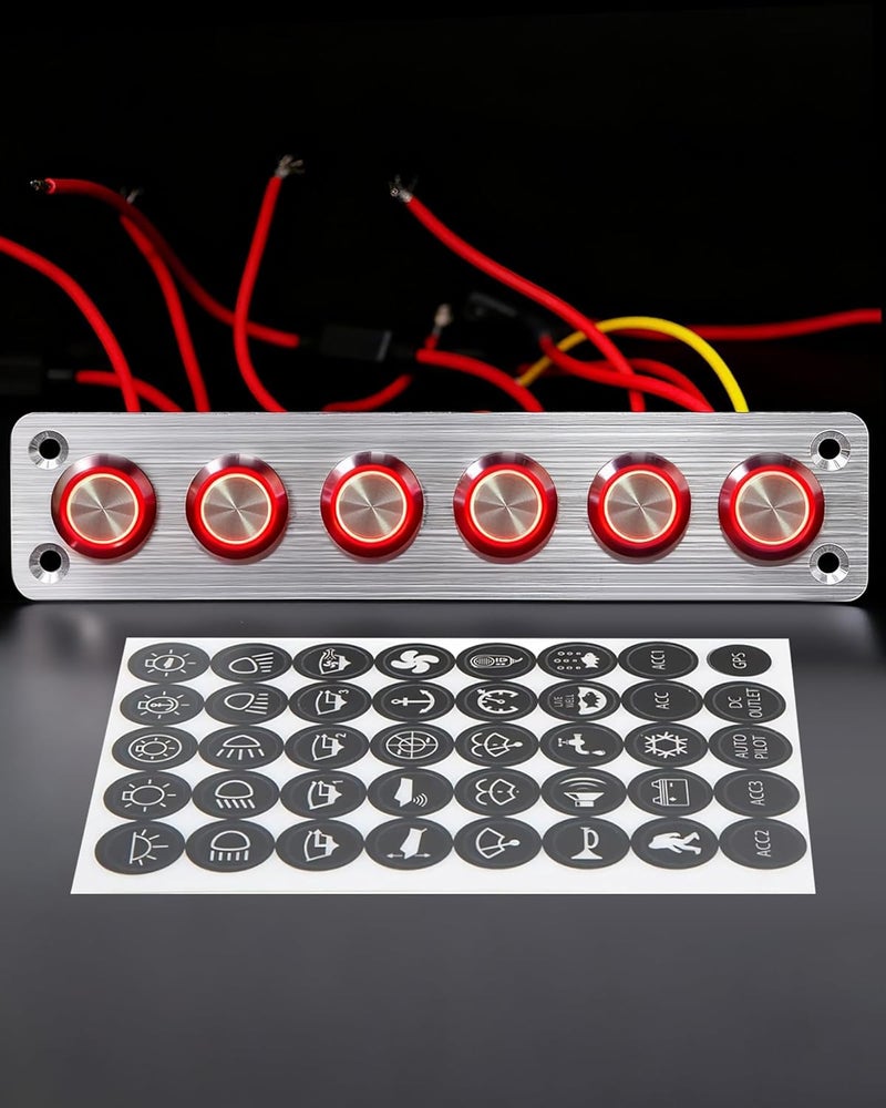 IZTOSS 6 Gang Aluminum Marine Rocker Switch Panel - Pre-Wired with Red LED Indicator, 12-24 V Multi-Function Rocker Switch - Ideal for Marine motorhomes, Yachts - Image 1